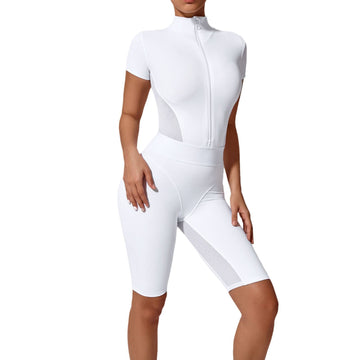 Women’s Zip-Up Short Sleeve Yoga Jumpsuit with Cinched Waist