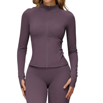 Brushed Yoga Jacket Long-Sleeve Zippered Fitness Top with Pockets